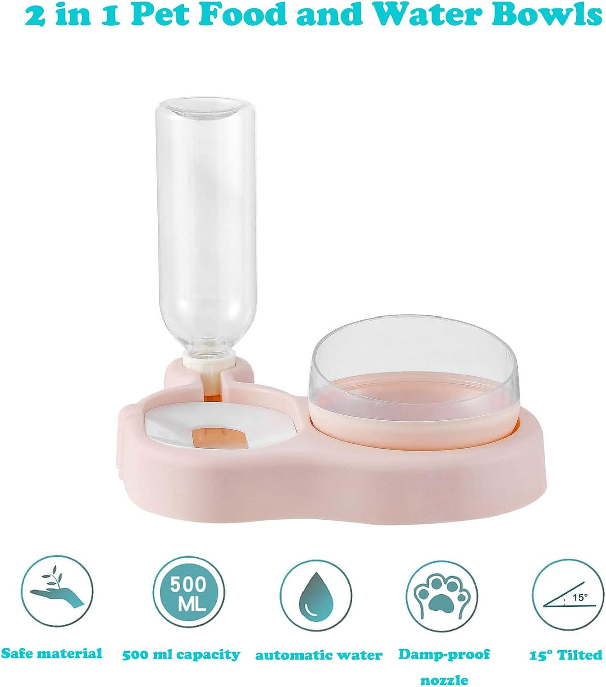2-in-1 Dog Cat Bowls, 15°Tilted Cat Food and Water Bowl Set