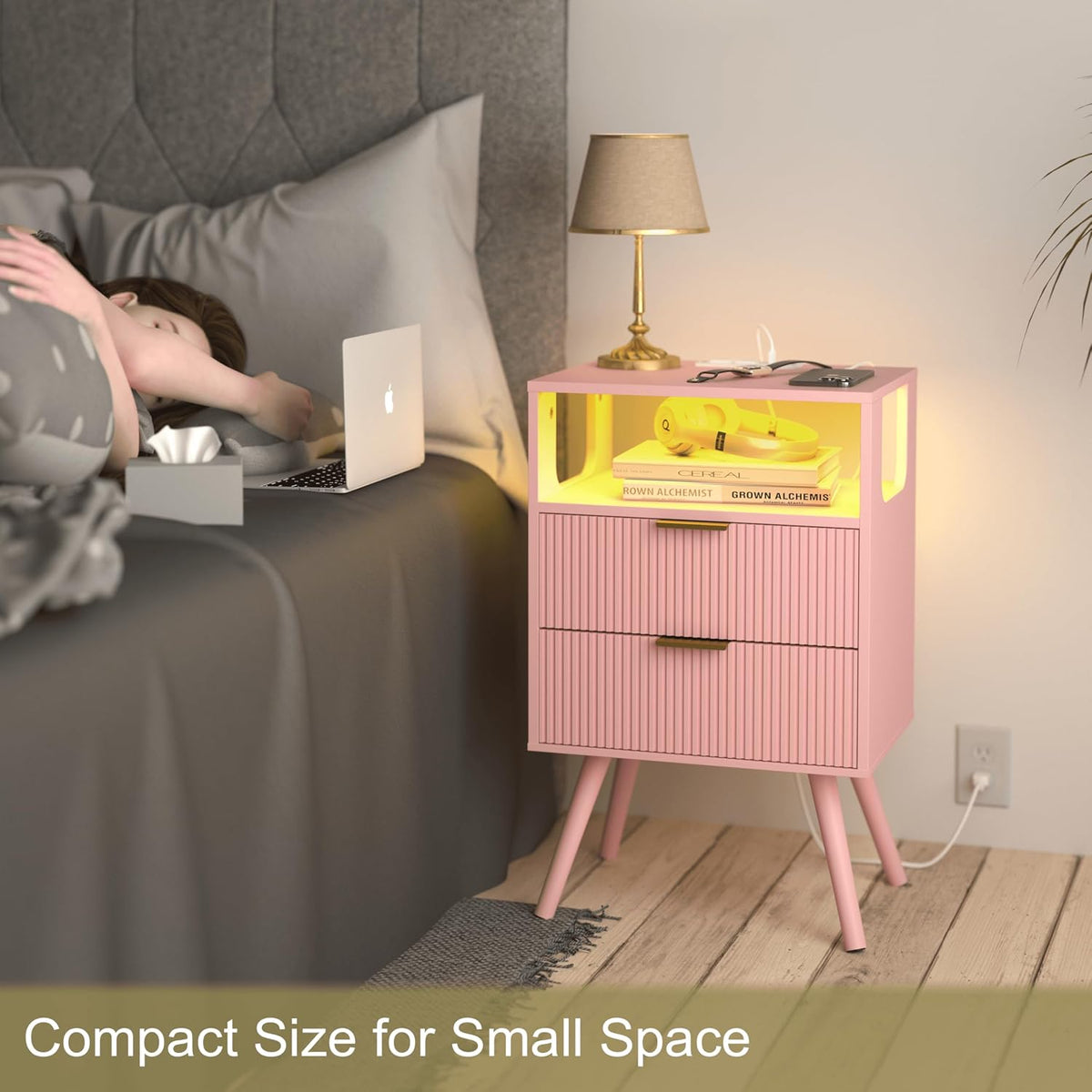 Pink Nightstand with Charging Station and LED Lights,Modern Bedside Table with 2 Storage Drawer and Open Wood Shelf, for Bedroom and Small Spaces,Night Stand with Solid Wood Legs,Pink