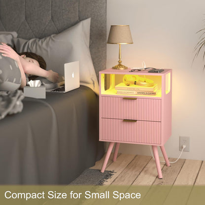 Pink Nightstand with Charging Station and LED Lights,Modern Bedside Table with 2 Storage Drawer and Open Wood Shelf, for Bedroom and Small Spaces,Night Stand with Solid Wood Legs,Pink