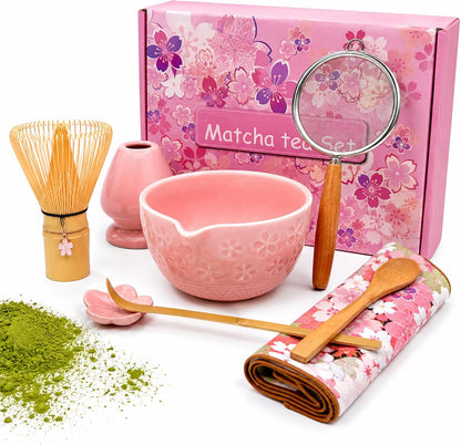 Sakura Matcha Whisk Set, 8 PCS Japanese-Style Matcha Kit with Cherry Blossom Matcha Bowl, Bamboo Whisk & Holder, Scoop, Spoon Rest, Wooden-Handle Sifter & Gift Box for Matcha Lovers (Pink)