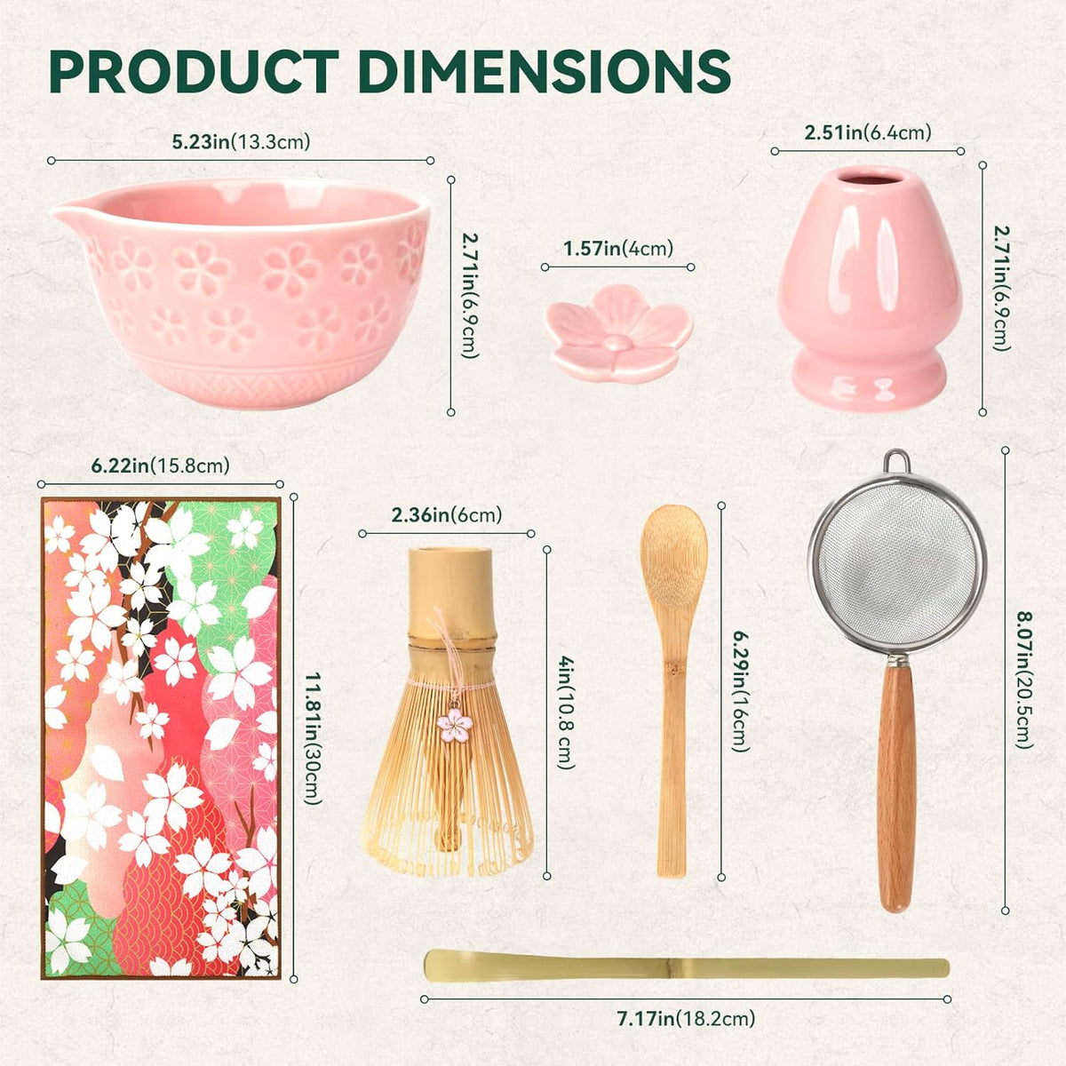 Sakura Matcha Whisk Set, 8 PCS Japanese-Style Matcha Kit with Cherry Blossom Matcha Bowl, Bamboo Whisk & Holder, Scoop, Spoon Rest, Wooden-Handle Sifter & Gift Box for Matcha Lovers (Pink)