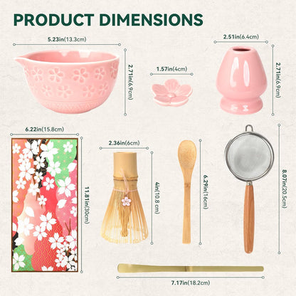 Sakura Matcha Whisk Set, 8 PCS Japanese-Style Matcha Kit with Cherry Blossom Matcha Bowl, Bamboo Whisk & Holder, Scoop, Spoon Rest, Wooden-Handle Sifter & Gift Box for Matcha Lovers (Pink)