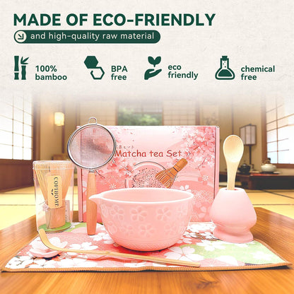 Sakura Matcha Whisk Set, 8 PCS Japanese-Style Matcha Kit with Cherry Blossom Matcha Bowl, Bamboo Whisk & Holder, Scoop, Spoon Rest, Wooden-Handle Sifter & Gift Box for Matcha Lovers (Pink)