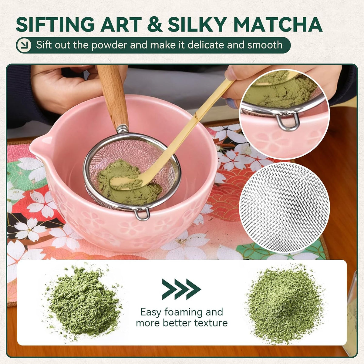Sakura Matcha Whisk Set, 8 PCS Japanese-Style Matcha Kit with Cherry Blossom Matcha Bowl, Bamboo Whisk & Holder, Scoop, Spoon Rest, Wooden-Handle Sifter & Gift Box for Matcha Lovers (Pink)