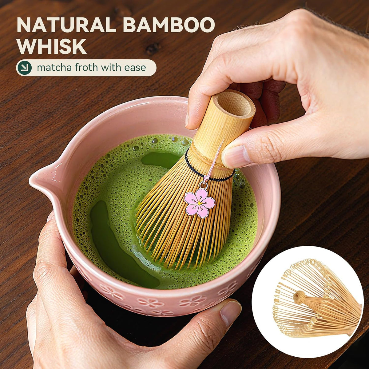 Sakura Matcha Whisk Set, 8 PCS Japanese-Style Matcha Kit with Cherry Blossom Matcha Bowl, Bamboo Whisk & Holder, Scoop, Spoon Rest, Wooden-Handle Sifter & Gift Box for Matcha Lovers (Pink)