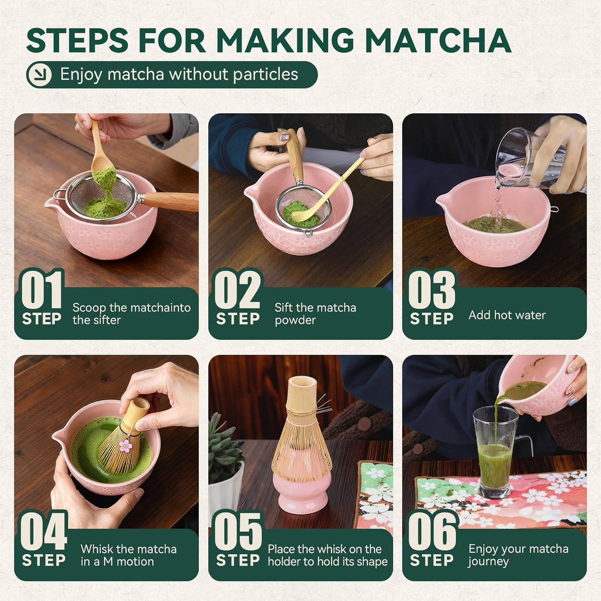 Sakura Matcha Whisk Set, 8 PCS Japanese-Style Matcha Kit with Cherry Blossom Matcha Bowl, Bamboo Whisk & Holder, Scoop, Spoon Rest, Wooden-Handle Sifter & Gift Box for Matcha Lovers (Pink)