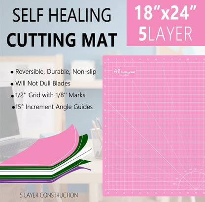 18"x24" Thickened Self Healing Cutting Mat, A2 Rotary Cutting Sewing Mat for Crafts, Double Sided 5-Ply Table Cutting Board for Fabric Quilting Patchwork Arts Hobby Project, Pink/Purple