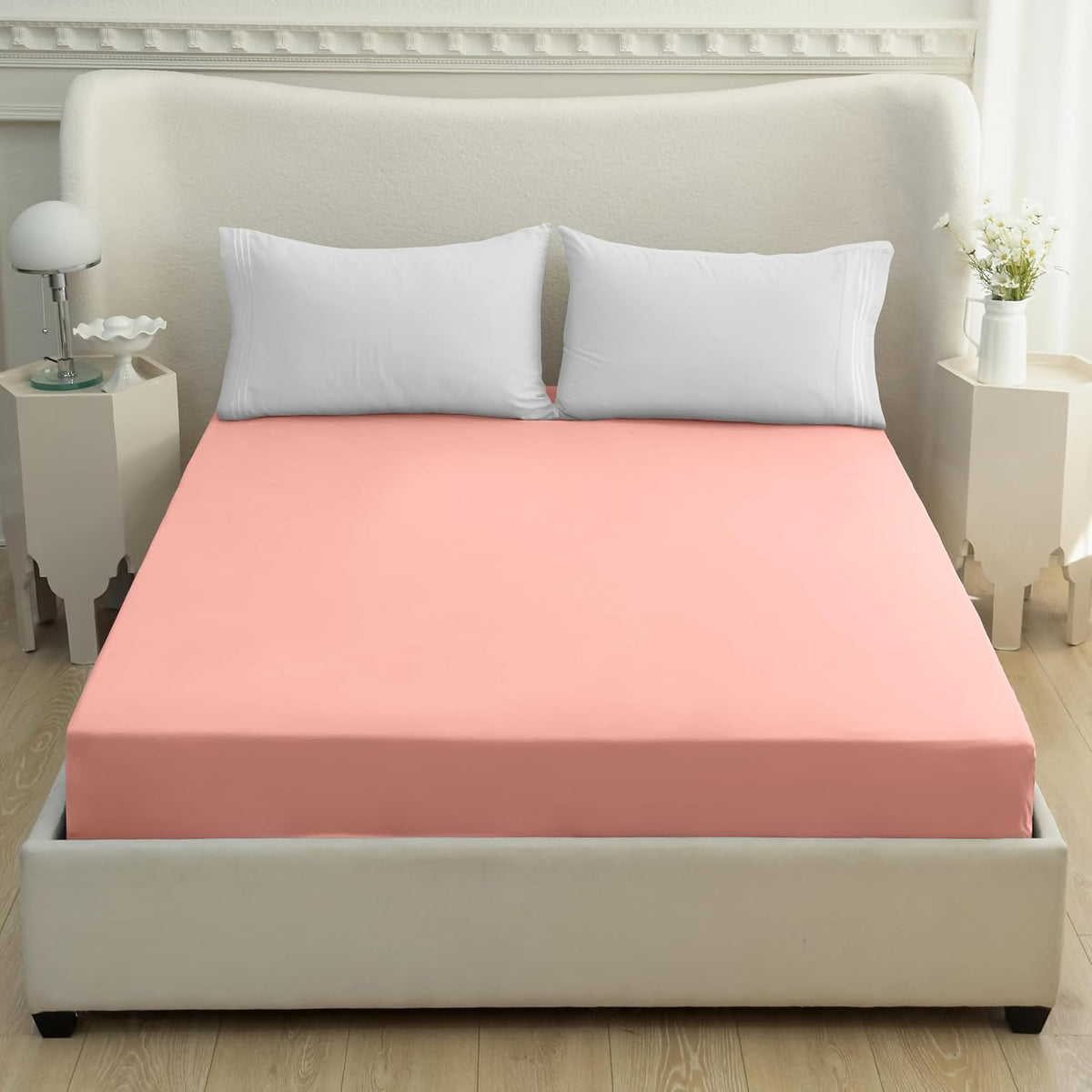 Mocassi King Fitted Sheet - Deep Pocket Cooling Sheets up to 16 inch - Hotel Luxury 1800 Premier - Softest Sheets - Wrinkle Resistant - 1 Single Bottom Fitted Sheet, King, Peach Pink