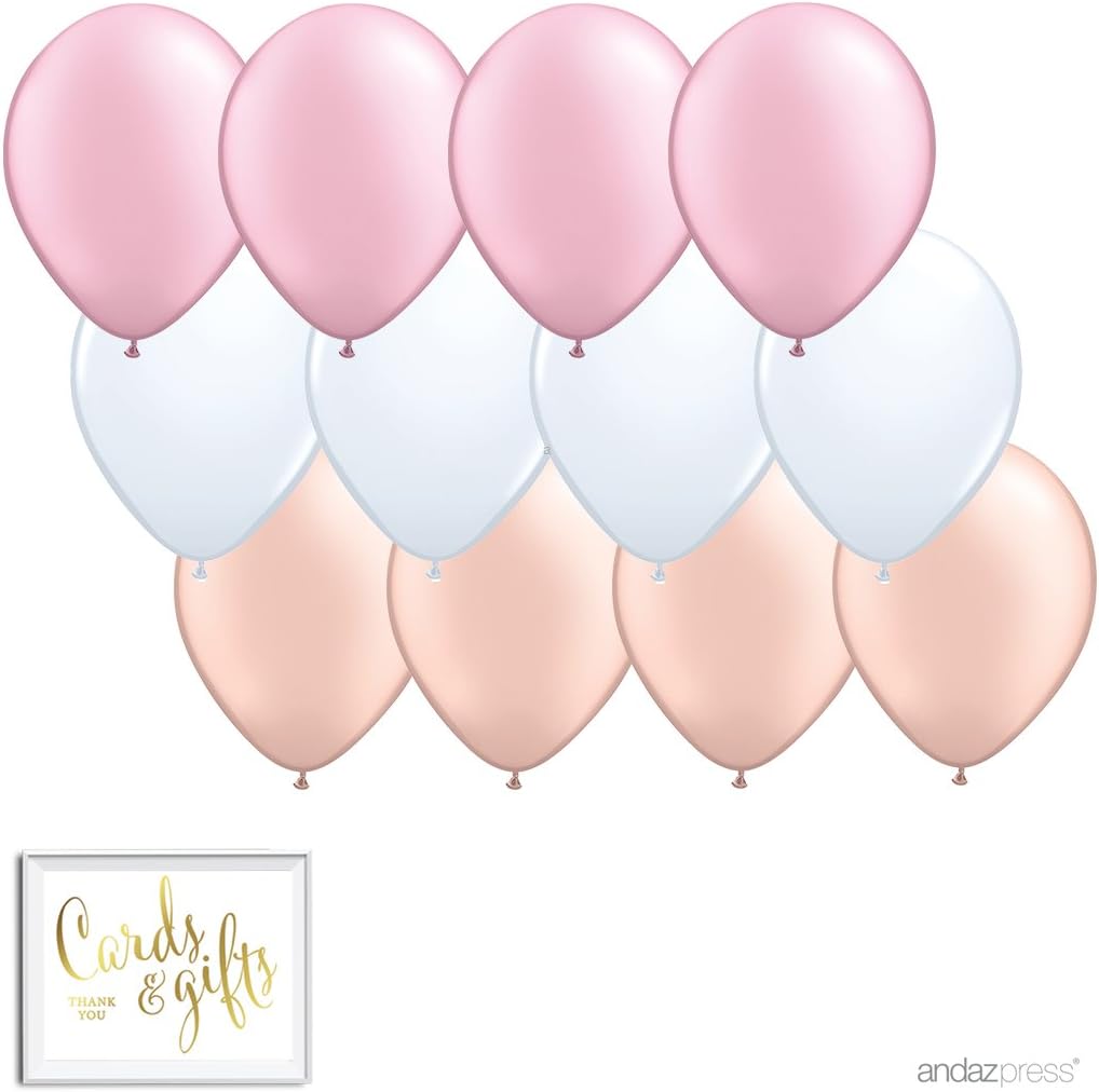 11-inch Latex Balloon Trio Party Kit with Gold Cards & Gifts Sign, Blush Pink, White and Peach, 12-pk, Champagne Rose Gold Themed Girl Baby Shower Decorations