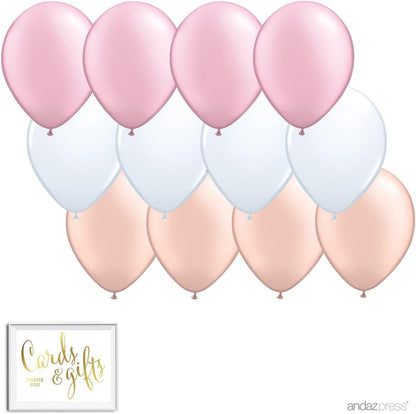 11-inch Latex Balloon Trio Party Kit with Gold Cards & Gifts Sign, Blush Pink, White and Peach, 12-pk, Champagne Rose Gold Themed Girl Baby Shower Decorations