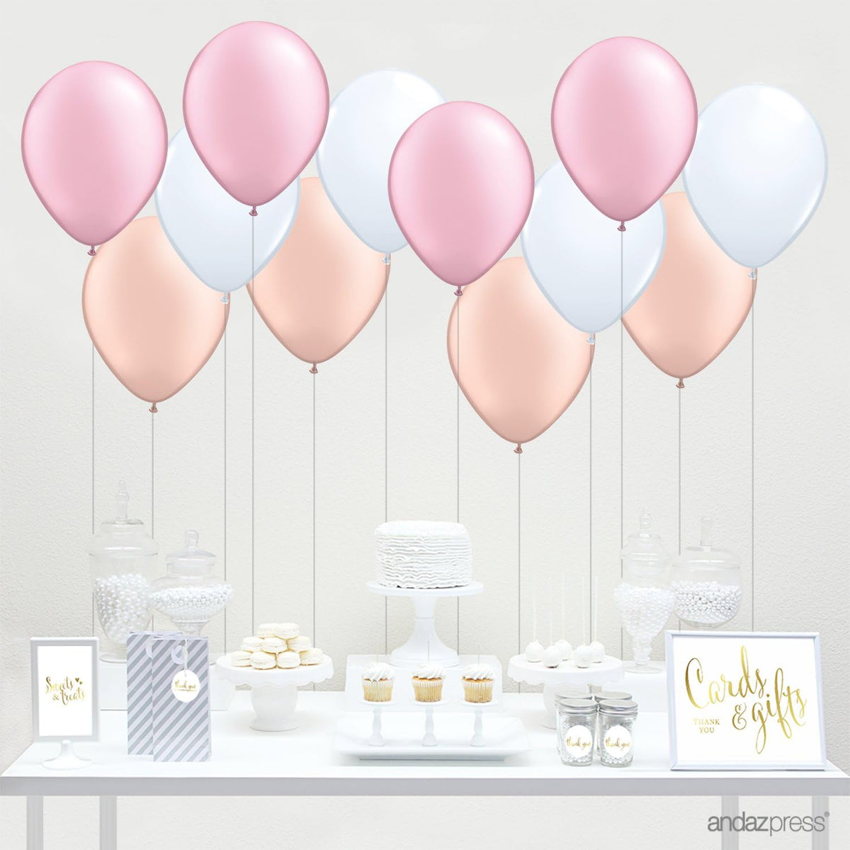 11-inch Latex Balloon Trio Party Kit with Gold Cards & Gifts Sign, Blush Pink, White and Peach, 12-pk, Champagne Rose Gold Themed Girl Baby Shower Decorations