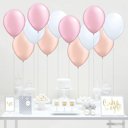 11-inch Latex Balloon Trio Party Kit with Gold Cards & Gifts Sign, Blush Pink, White and Peach, 12-pk, Champagne Rose Gold Themed Girl Baby Shower Decorations