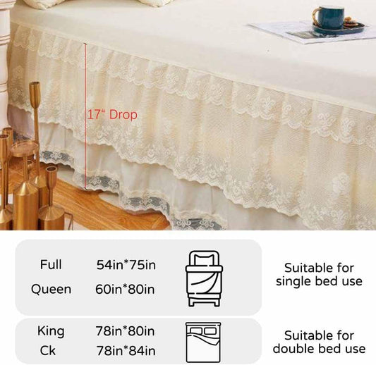 Double Lace Bed Skirt for Queen Bed - 17in. Drop, Easy Fit Ruffle Bedskirt Wrap Around Bed Skirt, Anti Wrinkle & Fade Resistant