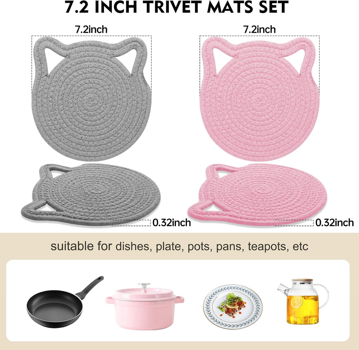 7.2 Inch Trivets for Hot Dishes, 2Pack Cotton Trivets for Hot Pots and Pans, Heat Resistant Hot Pads for Kitchen, Cat Ear Large Coaster Trivet Set, Hot Plate Mats for Kitchen Countertops (Pink)
