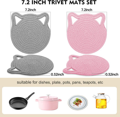 7.2 Inch Trivets for Hot Dishes, 2Pack Cotton Trivets for Hot Pots and Pans, Heat Resistant Hot Pads for Kitchen, Cat Ear Large Coaster Trivet Set, Hot Plate Mats for Kitchen Countertops (Pink)
