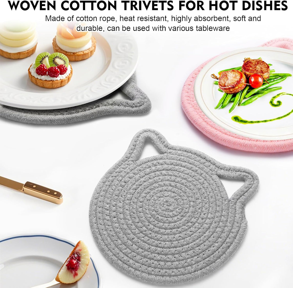7.2 Inch Trivets for Hot Dishes, 2Pack Cotton Trivets for Hot Pots and Pans, Heat Resistant Hot Pads for Kitchen, Cat Ear Large Coaster Trivet Set, Hot Plate Mats for Kitchen Countertops (Pink)