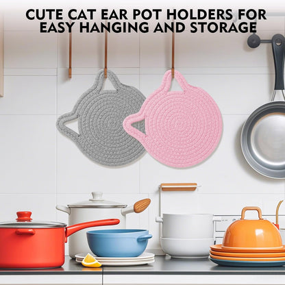 7.2 Inch Trivets for Hot Dishes, 2Pack Cotton Trivets for Hot Pots and Pans, Heat Resistant Hot Pads for Kitchen, Cat Ear Large Coaster Trivet Set, Hot Plate Mats for Kitchen Countertops (Pink)