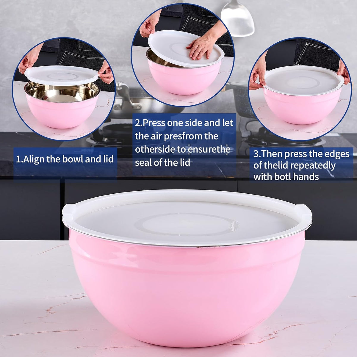 Pink Mixing Bowls With Airtight Lids,Stainless Steel Bowl,Salad Bowls 7 Piece Colorful Nesting Bowl Pink Kitchen Accessories,Size 7,3.6,2.7,2.1,1.5,1.1,0.8QT Stackable Design