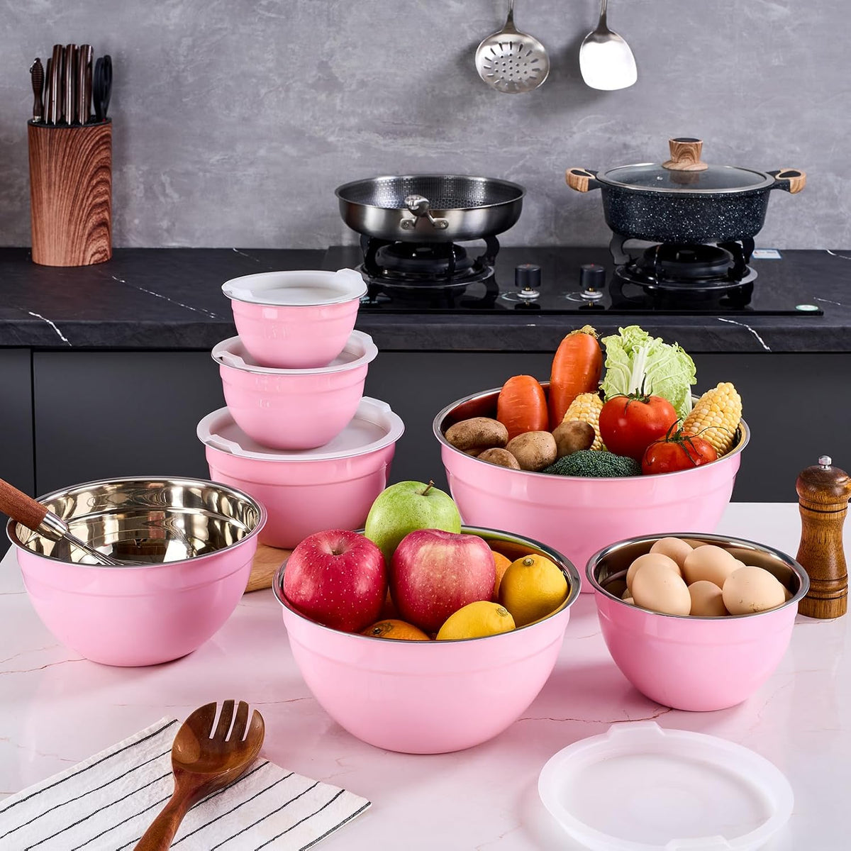 Pink Mixing Bowls With Airtight Lids,Stainless Steel Bowl,Salad Bowls 7 Piece Colorful Nesting Bowl Pink Kitchen Accessories,Size 7,3.6,2.7,2.1,1.5,1.1,0.8QT Stackable Design