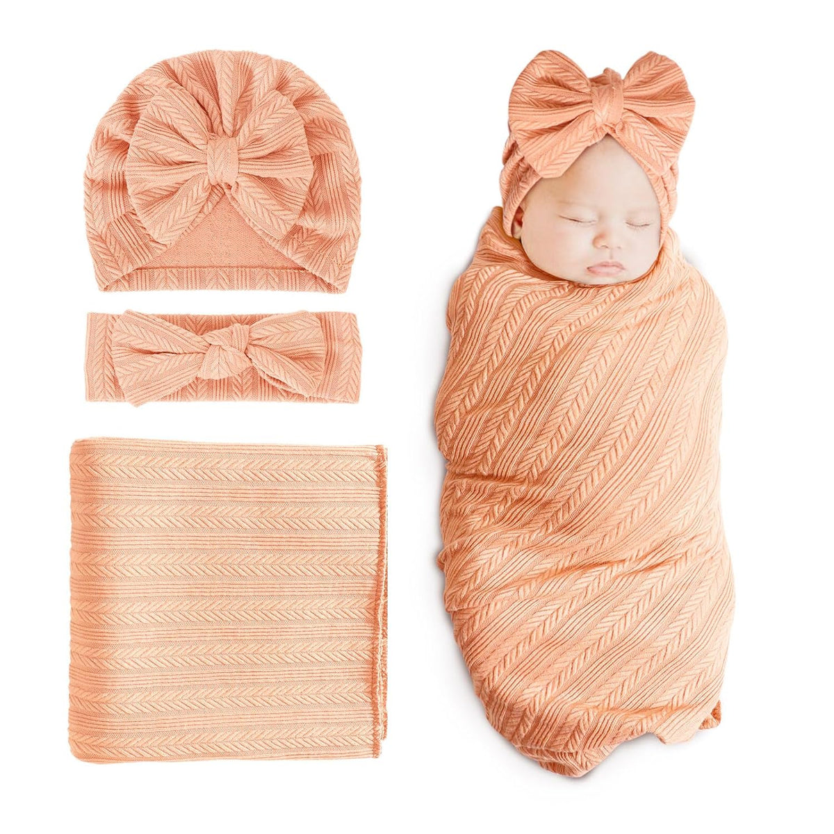 BQUBO Newborn Receiving Blanket Toddler Warm for Girls with Bow Hat and Bow Headband Shower Gift