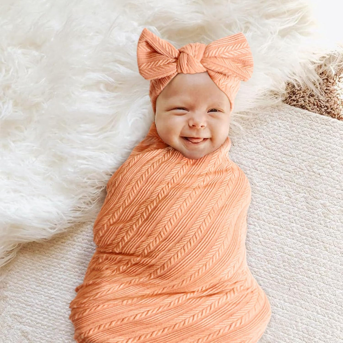 BQUBO Newborn Receiving Blanket Toddler Warm for Girls with Bow Hat and Bow Headband Shower Gift
