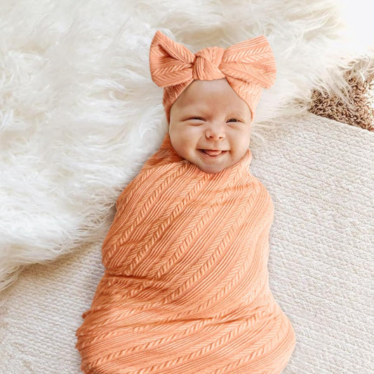 BQUBO Newborn Receiving Blanket Toddler Warm for Girls with Bow Hat and Bow Headband Shower Gift