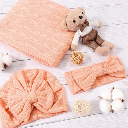 BQUBO Newborn Receiving Blanket Toddler Warm for Girls with Bow Hat and Bow Headband Shower Gift