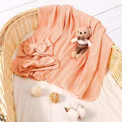 BQUBO Newborn Receiving Blanket Toddler Warm for Girls with Bow Hat and Bow Headband Shower Gift