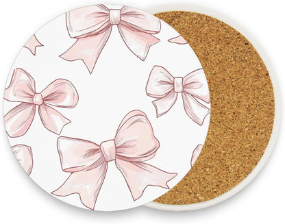 Bow Pink Round Coasters for Drinks 1 Pack, Absorbent Heat-Resistant Ceramic Stone Coaster Desktop Protector with Cork Base for Kitchen Bar Home Decor, 3.9 Inch