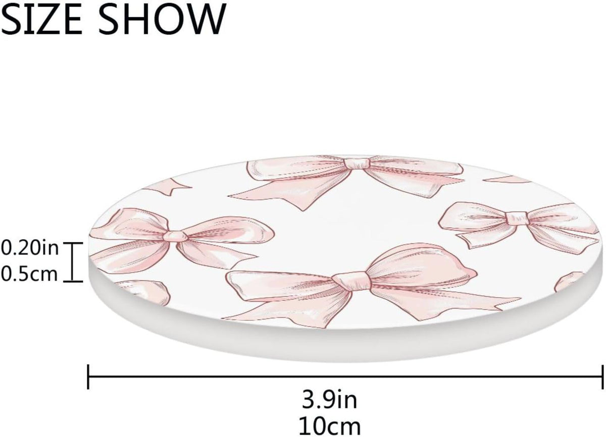 Bow Pink Round Coasters for Drinks 1 Pack, Absorbent Heat-Resistant Ceramic Stone Coaster Desktop Protector with Cork Base for Kitchen Bar Home Decor, 3.9 Inch