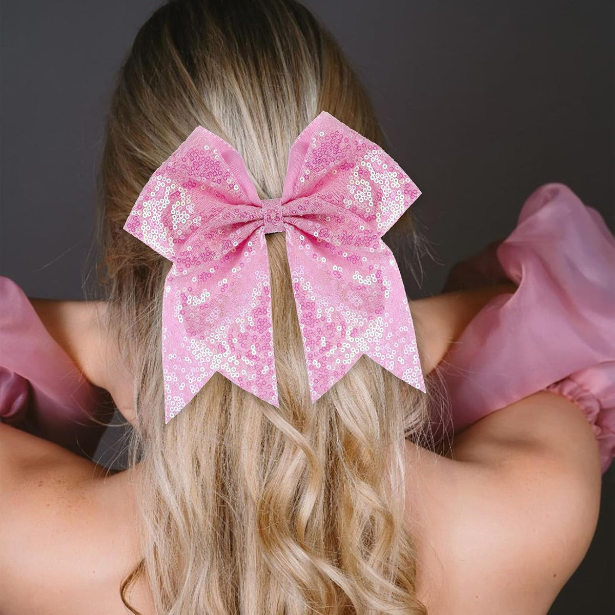 Large Big 7 Inch Glitter Bow Clip Sequin Bling Party Hair Accessories for Women Teens Girls Kids 1 Pcs (Pink)