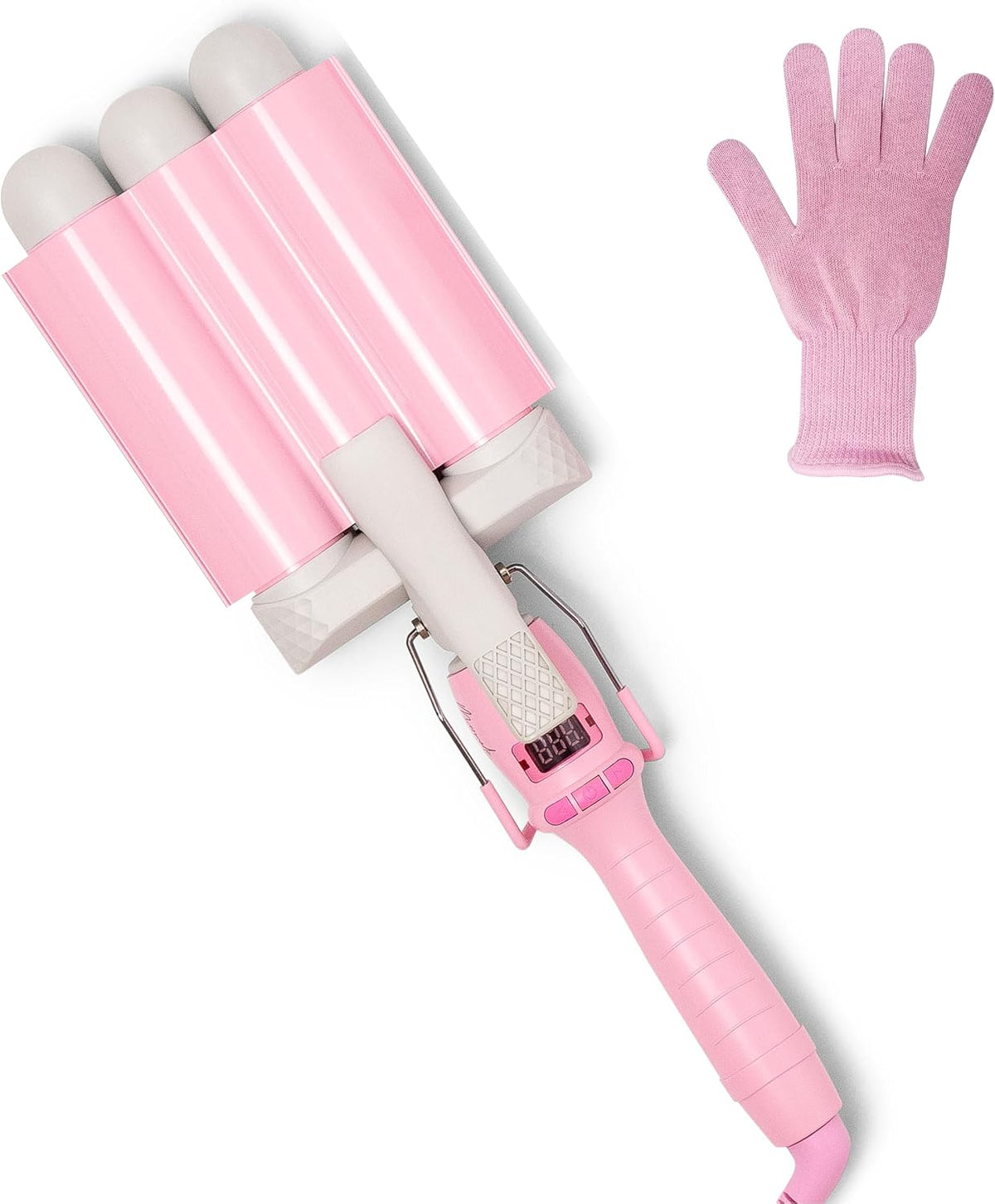 Mermade PRO Hair Waver 1.25" - 3 Barrel Curling Iron 1 1/4 Inch, Ceramic Barrel Waver Tool for Thick, Thin, Long, or Short Hair - 1.25", Pink with Glove