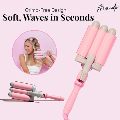 Mermade PRO Hair Waver 1.25" - 3 Barrel Curling Iron 1 1/4 Inch, Ceramic Barrel Waver Tool for Thick, Thin, Long, or Short Hair - 1.25", Pink with Glove