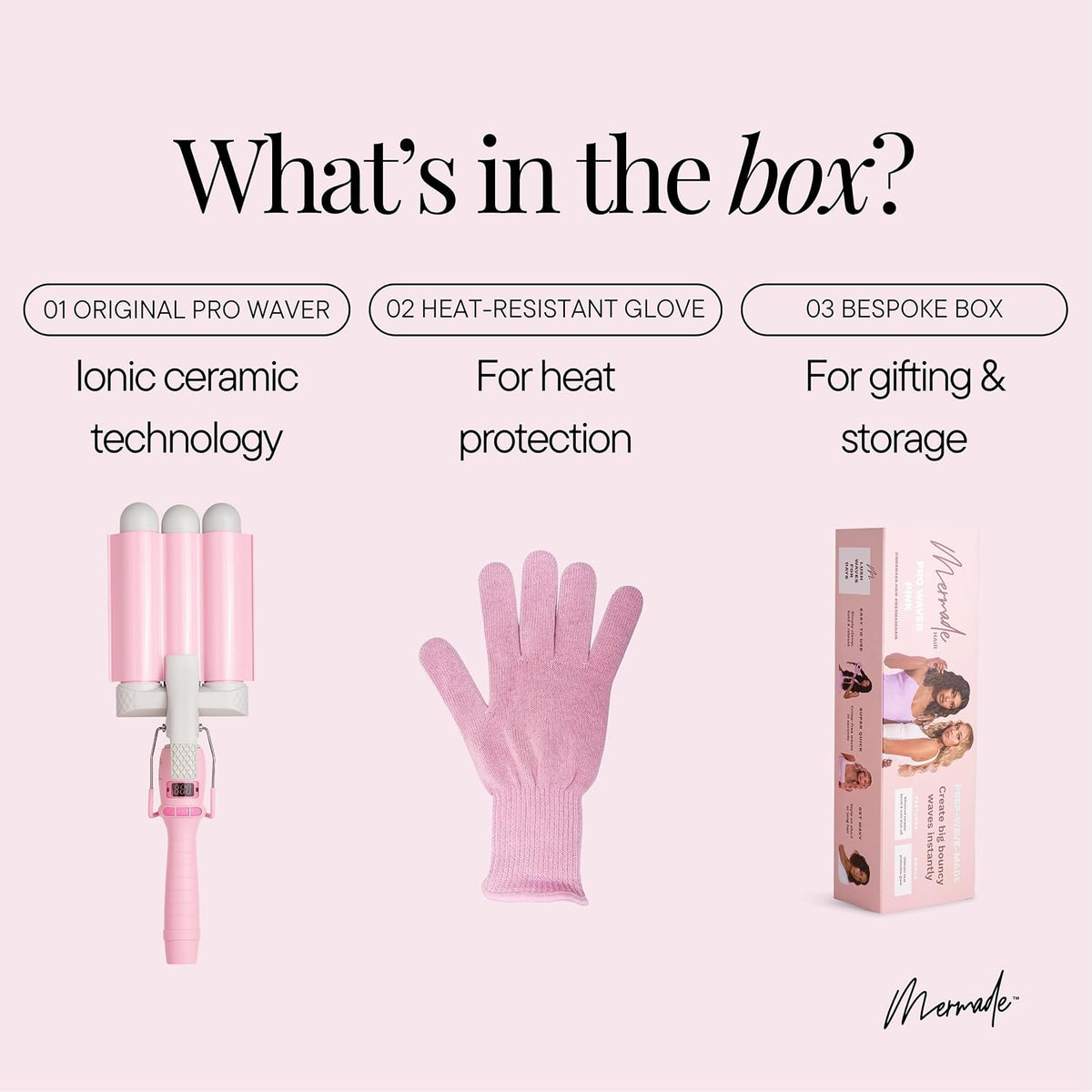 Mermade PRO Hair Waver 1.25" - 3 Barrel Curling Iron 1 1/4 Inch, Ceramic Barrel Waver Tool for Thick, Thin, Long, or Short Hair - 1.25", Pink with Glove