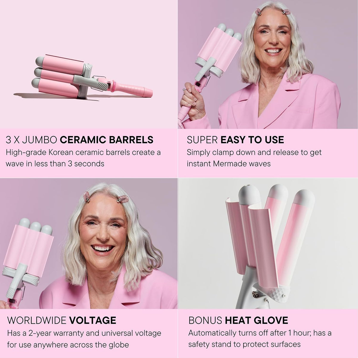 Mermade PRO Hair Waver 1.25" - 3 Barrel Curling Iron 1 1/4 Inch, Ceramic Barrel Waver Tool for Thick, Thin, Long, or Short Hair - 1.25", Pink with Glove