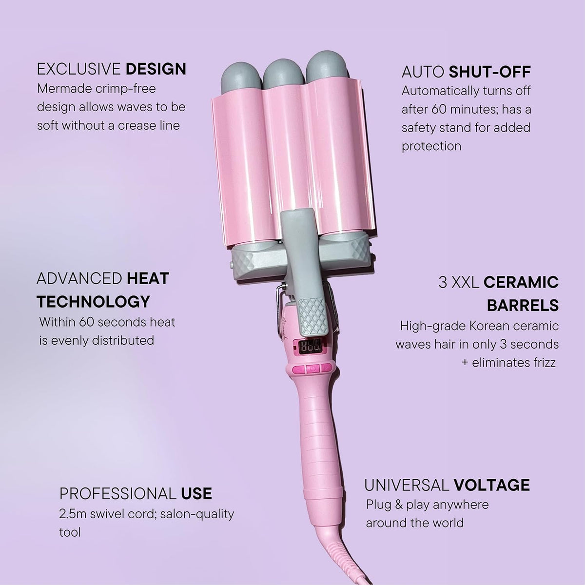 Mermade PRO Hair Waver 1.25" - 3 Barrel Curling Iron 1 1/4 Inch, Ceramic Barrel Waver Tool for Thick, Thin, Long, or Short Hair - 1.25", Pink with Glove