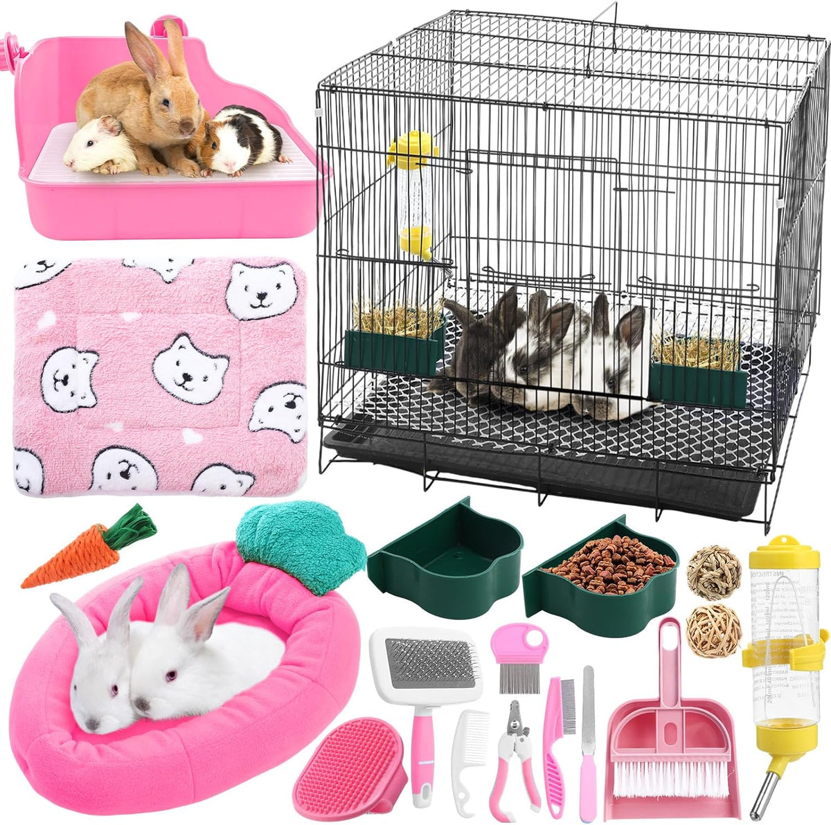 22 Pcs Rabbit Starter Kit with Cage, Rabbit Grooming Kit Bunny Cage Set with Bed, Litter Box, Water Bottle, Feeders, Toys, Grooming Cleaning Supplies for Indoor Rabbits Small Pets(Pink)