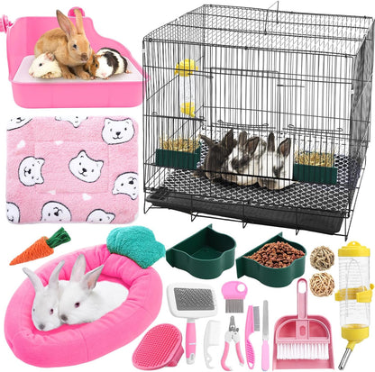 22 Pcs Rabbit Starter Kit with Cage, Rabbit Grooming Kit Bunny Cage Set with Bed, Litter Box, Water Bottle, Feeders, Toys, Grooming Cleaning Supplies for Indoor Rabbits Small Pets(Pink)