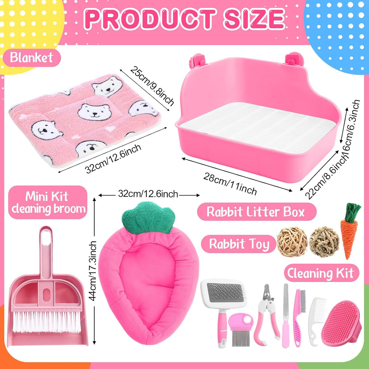 22 Pcs Rabbit Starter Kit with Cage, Rabbit Grooming Kit Bunny Cage Set with Bed, Litter Box, Water Bottle, Feeders, Toys, Grooming Cleaning Supplies for Indoor Rabbits Small Pets(Pink)
