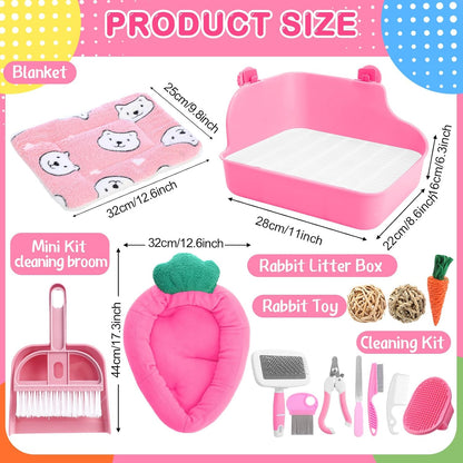 22 Pcs Rabbit Starter Kit with Cage, Rabbit Grooming Kit Bunny Cage Set with Bed, Litter Box, Water Bottle, Feeders, Toys, Grooming Cleaning Supplies for Indoor Rabbits Small Pets(Pink)