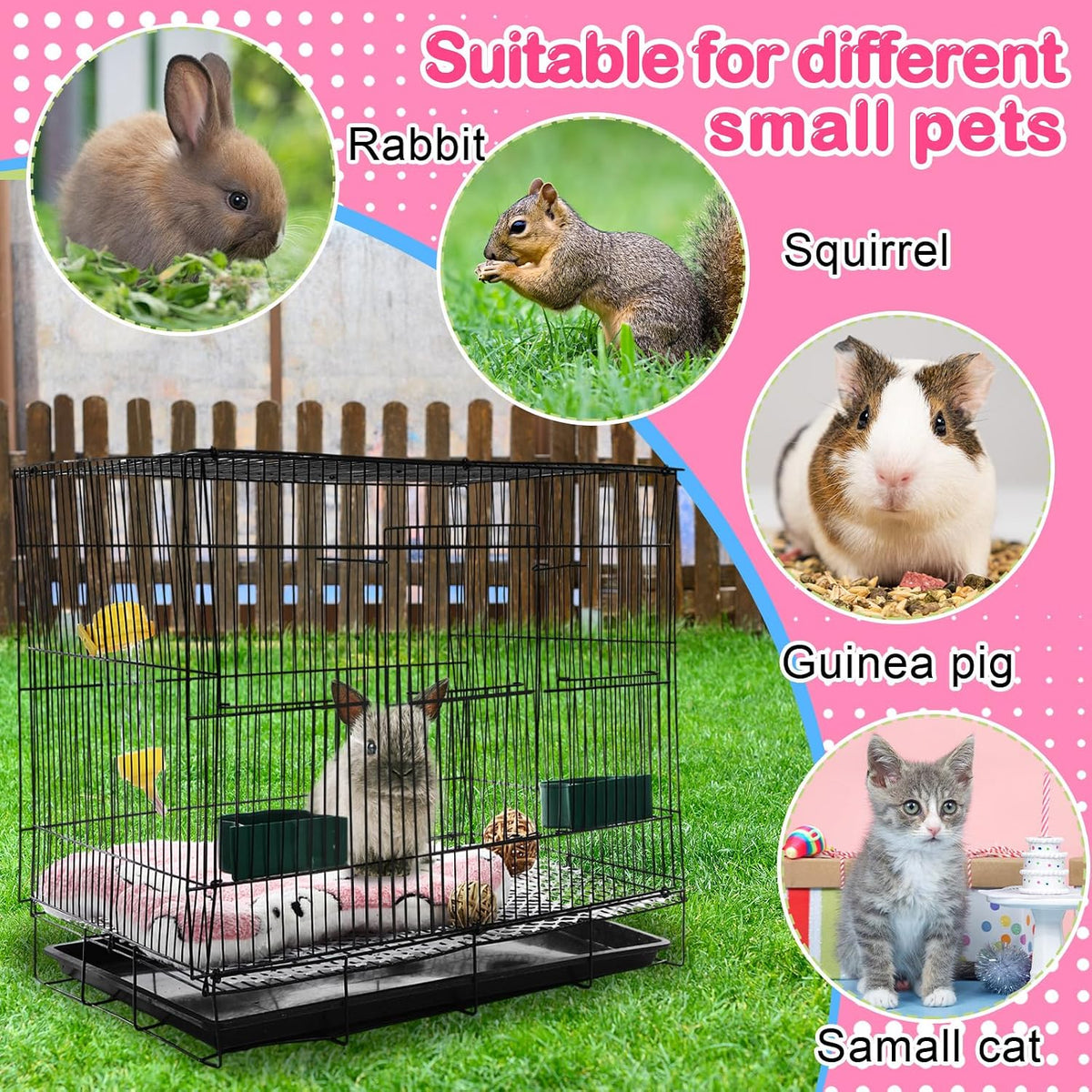 22 Pcs Rabbit Starter Kit with Cage, Rabbit Grooming Kit Bunny Cage Set with Bed, Litter Box, Water Bottle, Feeders, Toys, Grooming Cleaning Supplies for Indoor Rabbits Small Pets(Pink)