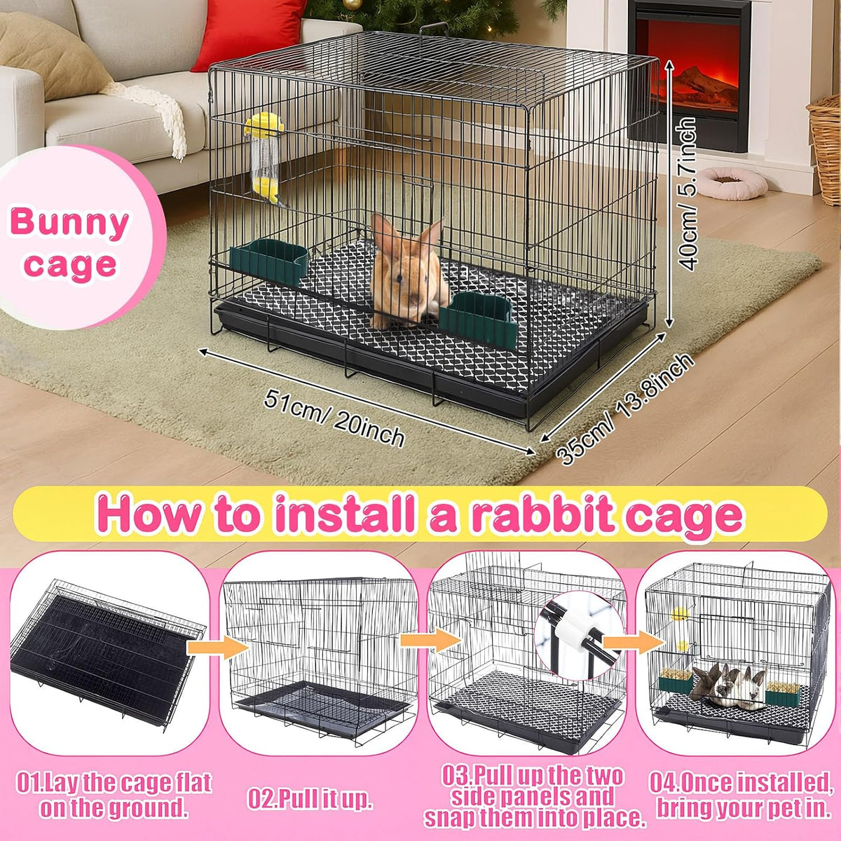 22 Pcs Rabbit Starter Kit with Cage, Rabbit Grooming Kit Bunny Cage Set with Bed, Litter Box, Water Bottle, Feeders, Toys, Grooming Cleaning Supplies for Indoor Rabbits Small Pets(Pink)