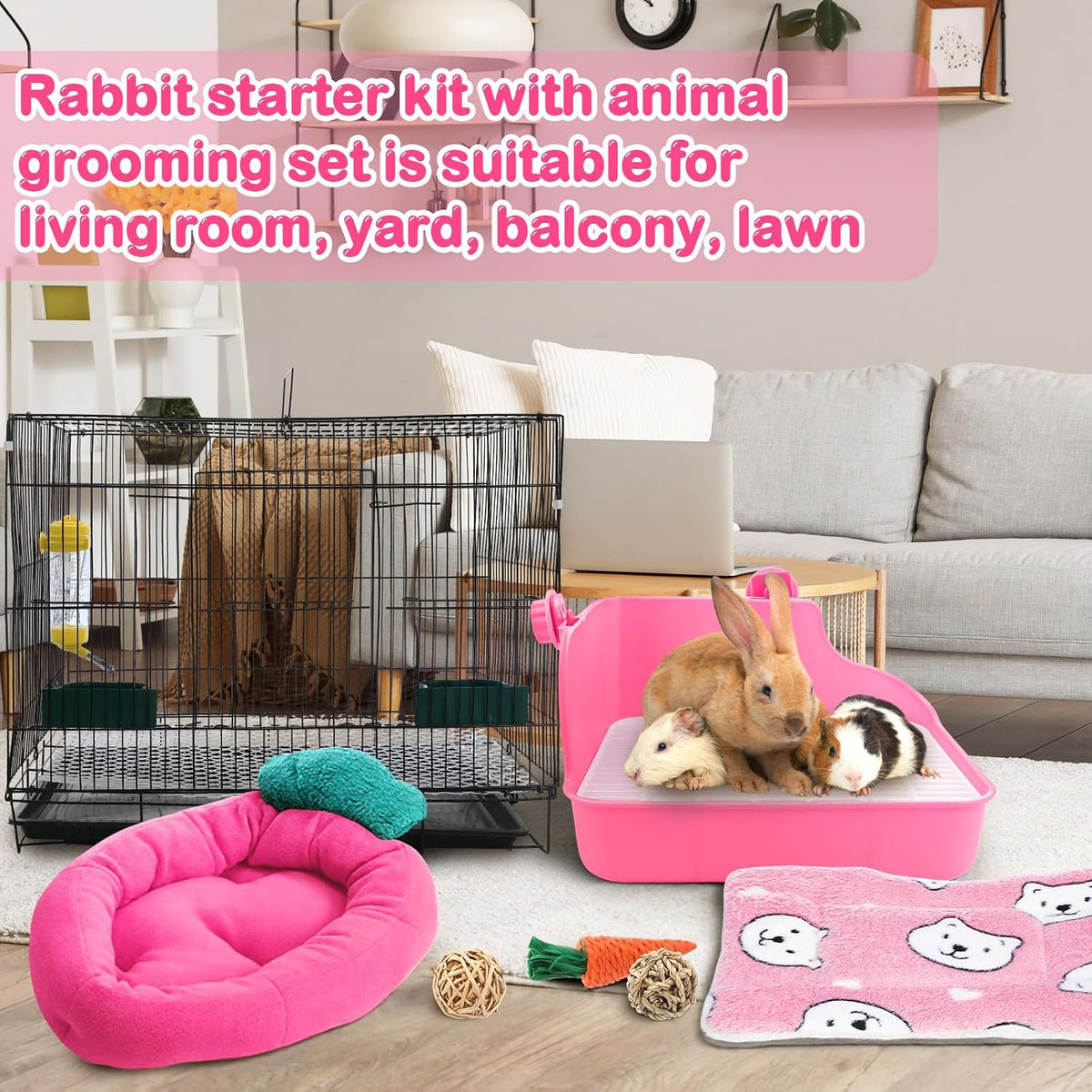 22 Pcs Rabbit Starter Kit with Cage, Rabbit Grooming Kit Bunny Cage Set with Bed, Litter Box, Water Bottle, Feeders, Toys, Grooming Cleaning Supplies for Indoor Rabbits Small Pets(Pink)