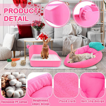 22 Pcs Rabbit Starter Kit with Cage, Rabbit Grooming Kit Bunny Cage Set with Bed, Litter Box, Water Bottle, Feeders, Toys, Grooming Cleaning Supplies for Indoor Rabbits Small Pets(Pink)