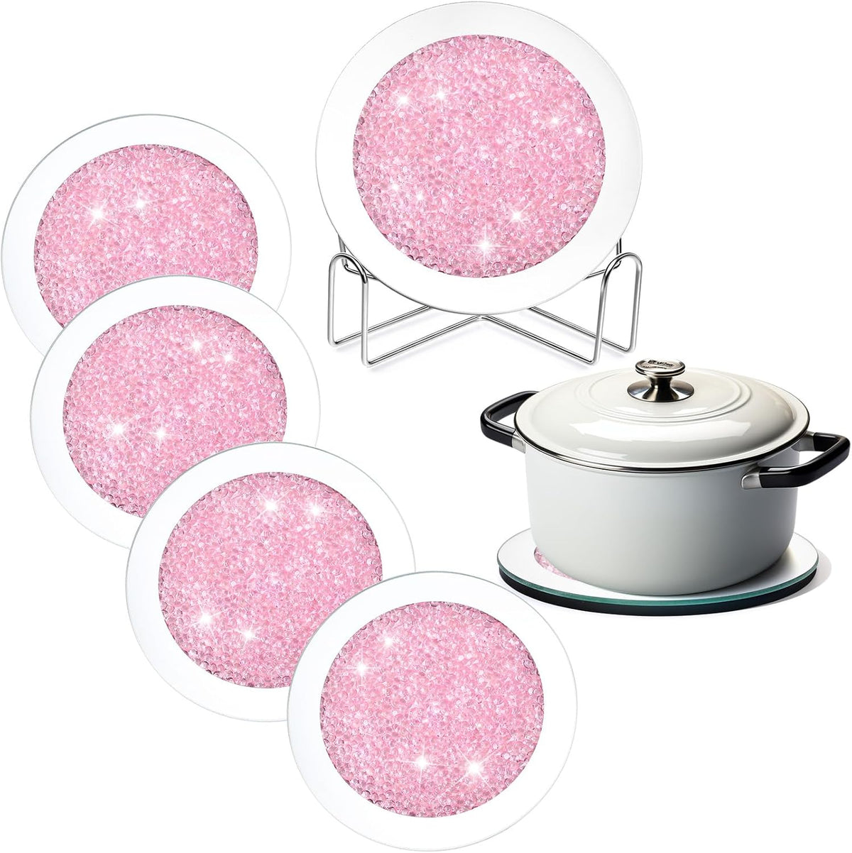 Mirrored Glass Coaster Set of 6 with 1 Holder 7" Crushed Diamond Round Cup Mat Glitter Crystal Rhinestone Glass Coaster Bling Table Decor for Bar Kitchen Gift for Christmas(Pink)