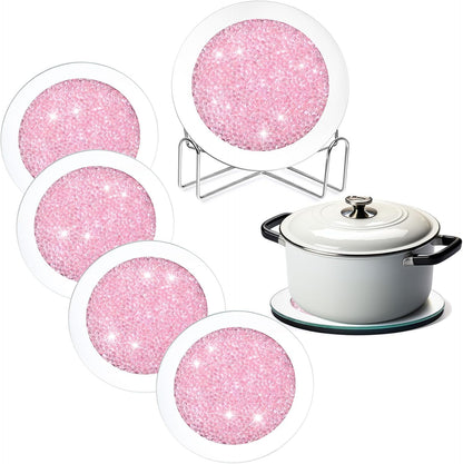 Mirrored Glass Coaster Set of 6 with 1 Holder 7" Crushed Diamond Round Cup Mat Glitter Crystal Rhinestone Glass Coaster Bling Table Decor for Bar Kitchen Gift for Christmas(Pink)