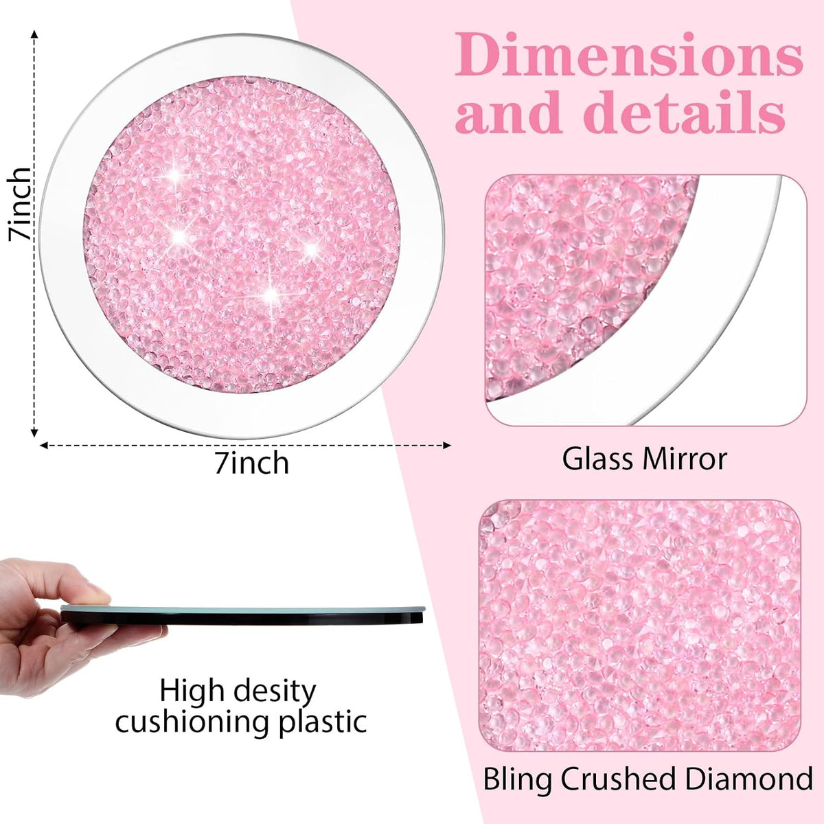 Mirrored Glass Coaster Set of 6 with 1 Holder 7" Crushed Diamond Round Cup Mat Glitter Crystal Rhinestone Glass Coaster Bling Table Decor for Bar Kitchen Gift for Christmas(Pink)