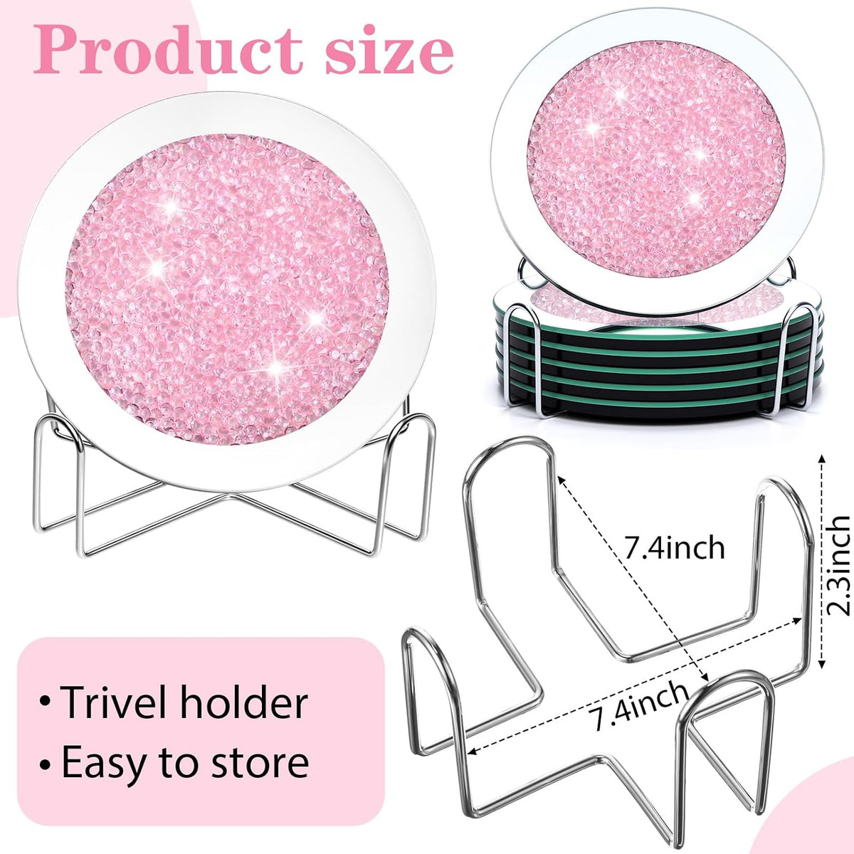 Mirrored Glass Coaster Set of 6 with 1 Holder 7" Crushed Diamond Round Cup Mat Glitter Crystal Rhinestone Glass Coaster Bling Table Decor for Bar Kitchen Gift for Christmas(Pink)