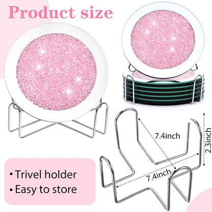 Mirrored Glass Coaster Set of 6 with 1 Holder 7" Crushed Diamond Round Cup Mat Glitter Crystal Rhinestone Glass Coaster Bling Table Decor for Bar Kitchen Gift for Christmas(Pink)