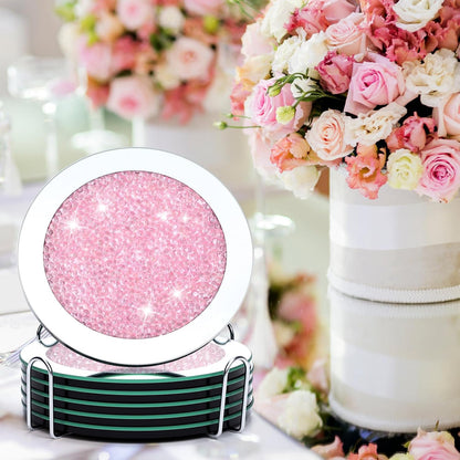 Mirrored Glass Coaster Set of 6 with 1 Holder 7" Crushed Diamond Round Cup Mat Glitter Crystal Rhinestone Glass Coaster Bling Table Decor for Bar Kitchen Gift for Christmas(Pink)